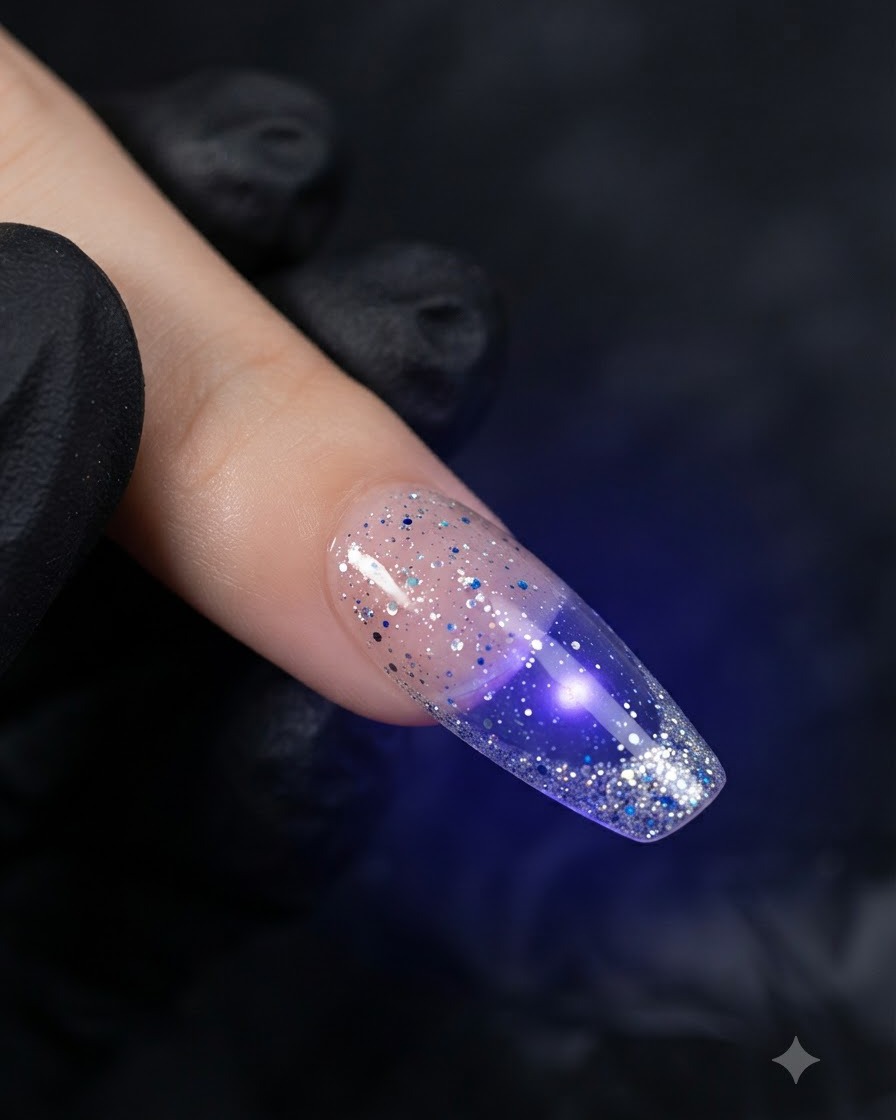 Nahaufnahme eines Fingernagels mit Silber-Glitter unter dem Leuchten einer lila UV/LED-Lampe während des Aushärtungsprozesses.