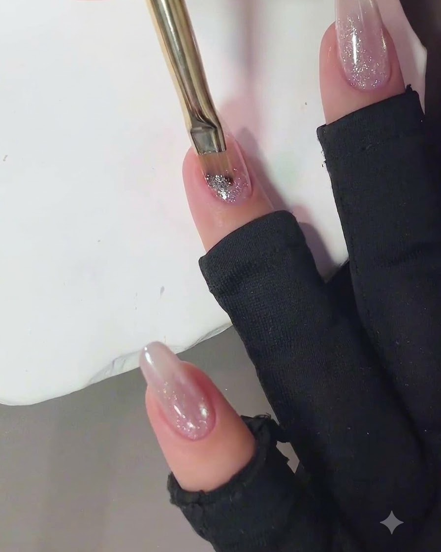 Ein Nagelpinsel trägt funkelndes rosa Crushed-Diamond-Gel auf den oberen Teil eines Fingernagels auf.