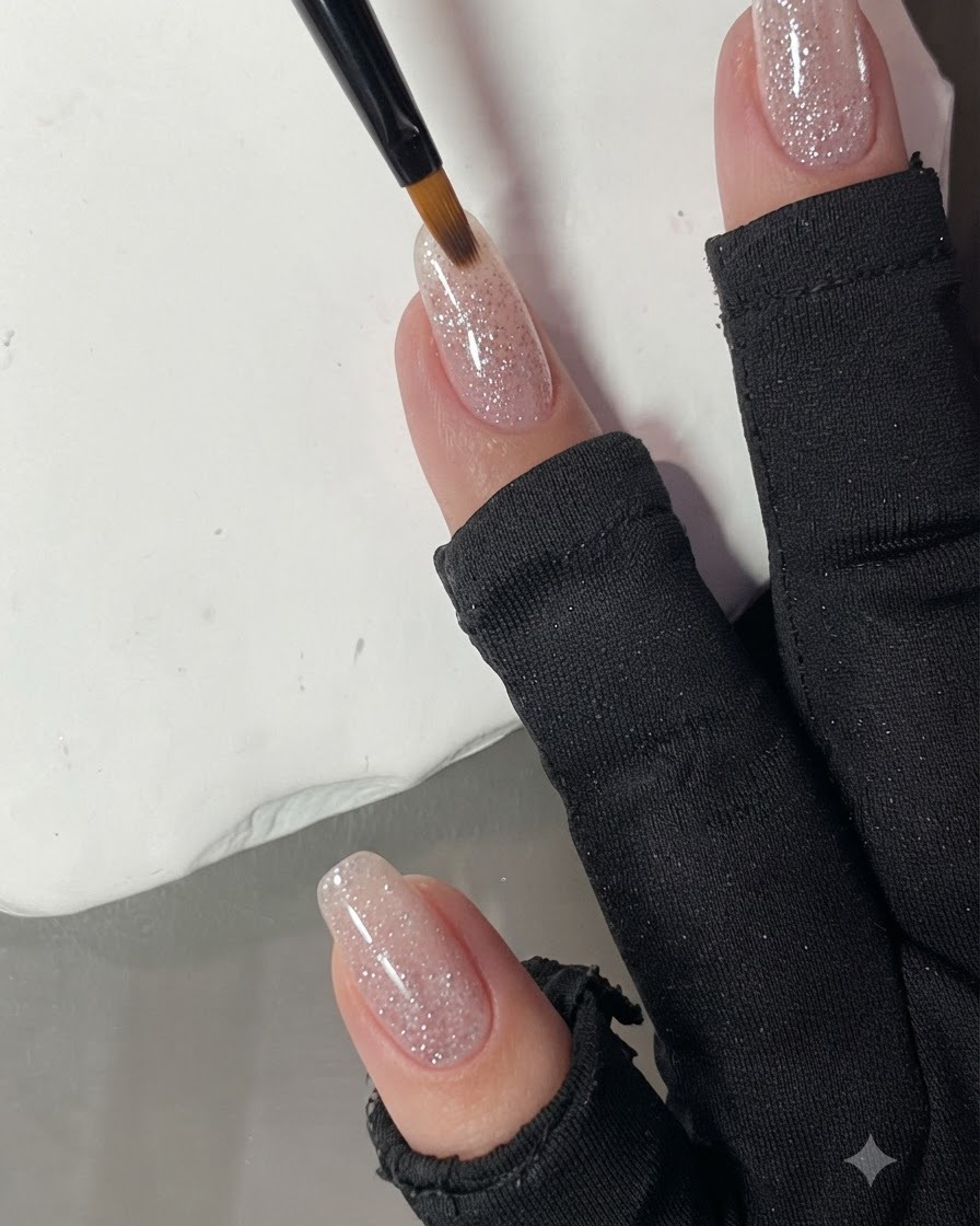 Ein Fächerpinsel verblendet sanft die Glitzerpartikel des rosa Crushed-Diamond-Gels auf einem Nagel.