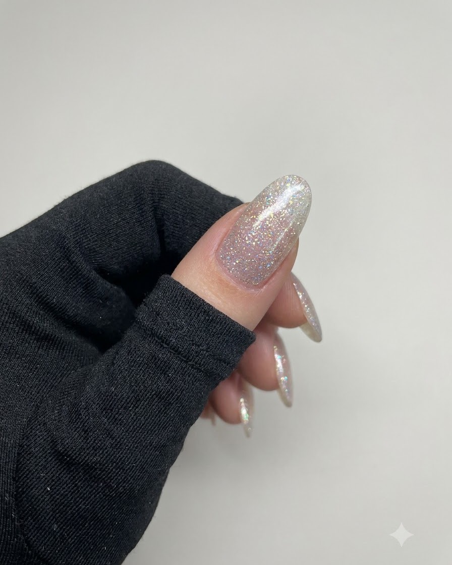 Eine Hand zeigt vollständig ausgehärtete, glitzernde rosa Crushed-Diamond-Nägel unter Studiobeleuchtung.