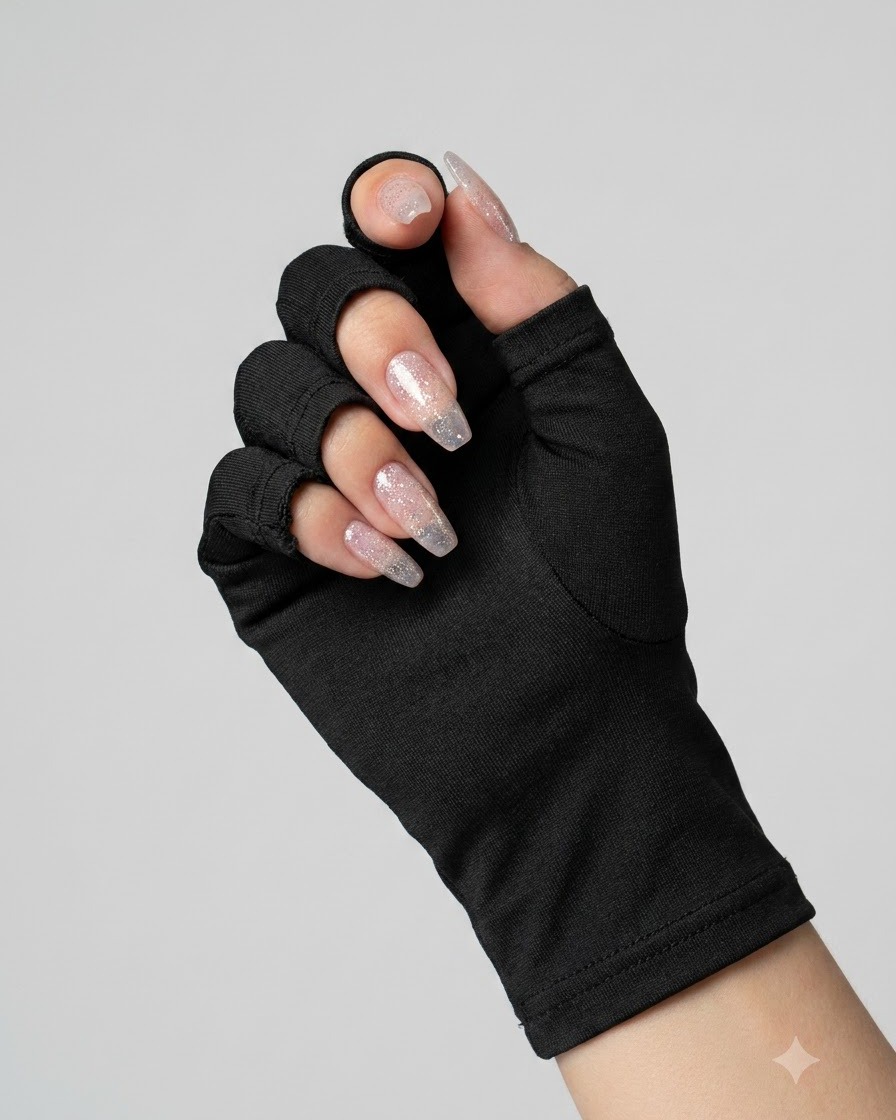 Eine Hand mit schwarzen fingerlosen Handschuhen zeigt Nägel, die mit klarem Verstärkungsgel überzogen sind.