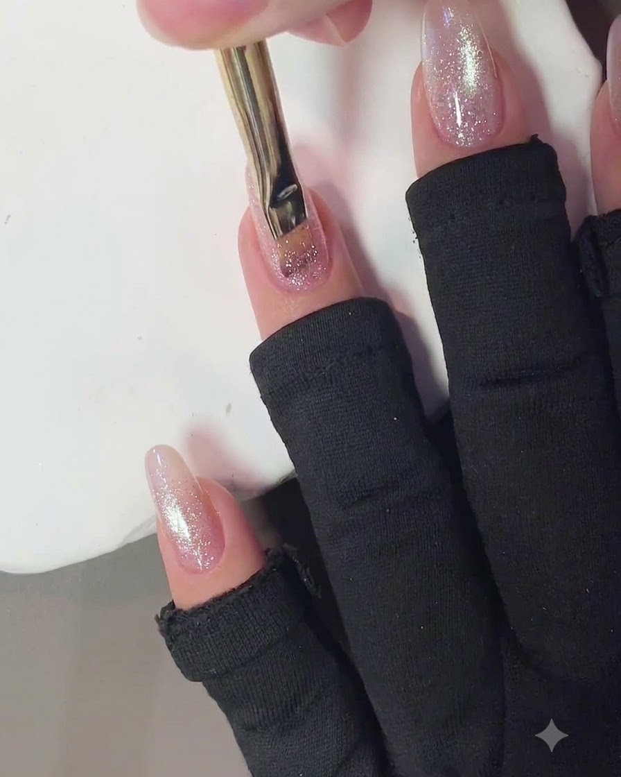 Ein Nagelpinsel trägt eine Schicht rosa Cat-Eye-Gel auf einen manikürten Fingernagel auf.