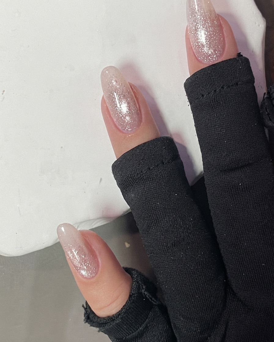 Finger mit rosa Cat-Eye-Gel unter hellem Licht in einer Aushärtungslampe.