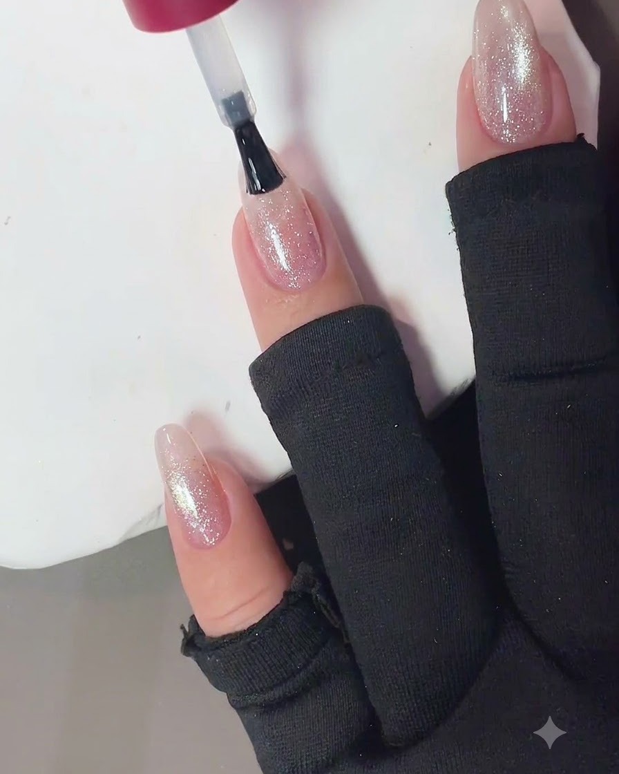 Ein Nagelpinsel trägt einen glänzenden Top Coat ohne Schwitzschicht auf einen fertigen rosa Cat-Eye-Crushed-Diamond-Nagel auf.