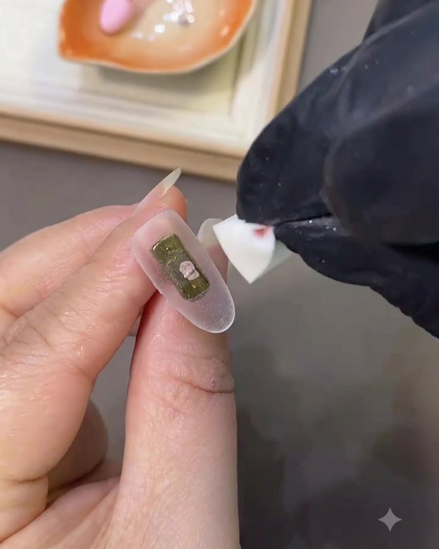 Ein Nagelpinsel trägt eine glatte Schicht milchweißen Gel-Lacks auf die Oberfläche eines vorbereiteten Nagels auf.