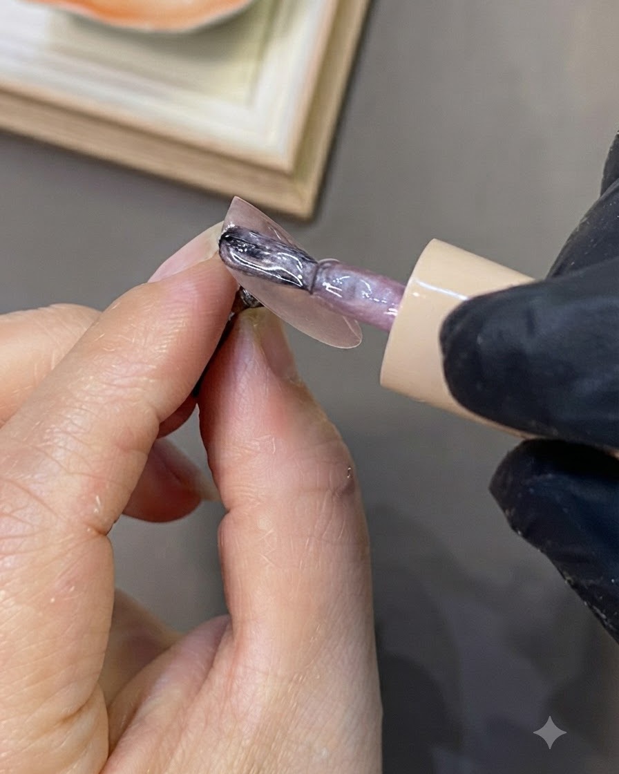 Ein Magnet schwebt über einem Nagel, um Cat-Eye-Partikel zu einem breiten Highlight zu verteilen.