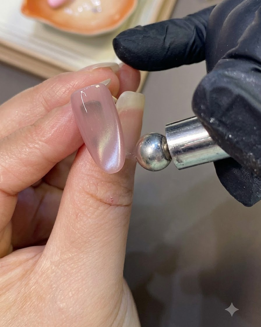 Ein kugelförmiges Magnetwerkzeug formt ein konzentriertes Cat-Eye-Perlen-Highlight auf einem rosa Gelnagel.