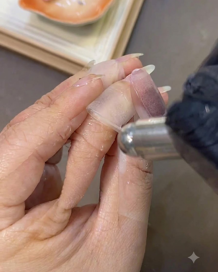Eine behandschuchte Hand verwendet ein mit Reiniger getränktes Tuch auf einer fertigen Cat-Eye-Nageloberfläche.