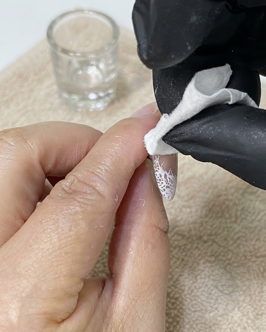 Ein behandschuhter Finger verwendet ein Tuch, um überschüssigen Gel-Lack um die Ränder eines manikürten Nagels zu entfernen.