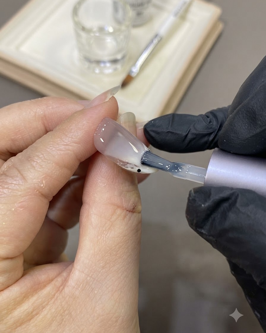 Ein Pinsel trägt eine klare Ausgleichsschicht aus Builder-Gel auf die dekorierte Nageloberfläche auf.