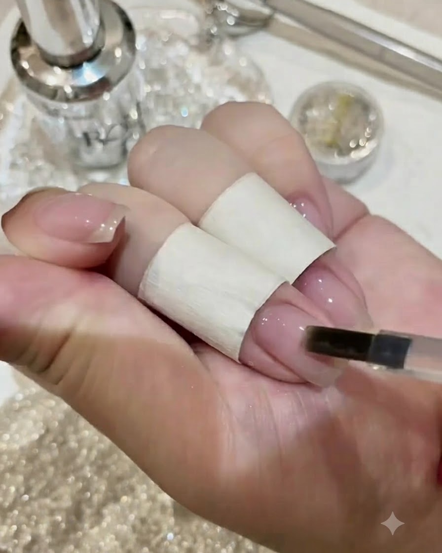 Eine Hand benutzt eine Nagelfeile, um einen bestimmten Bereich der ausgehärteten Nageloberfläche für die Edelsteinplatzierung leicht zu glätten.