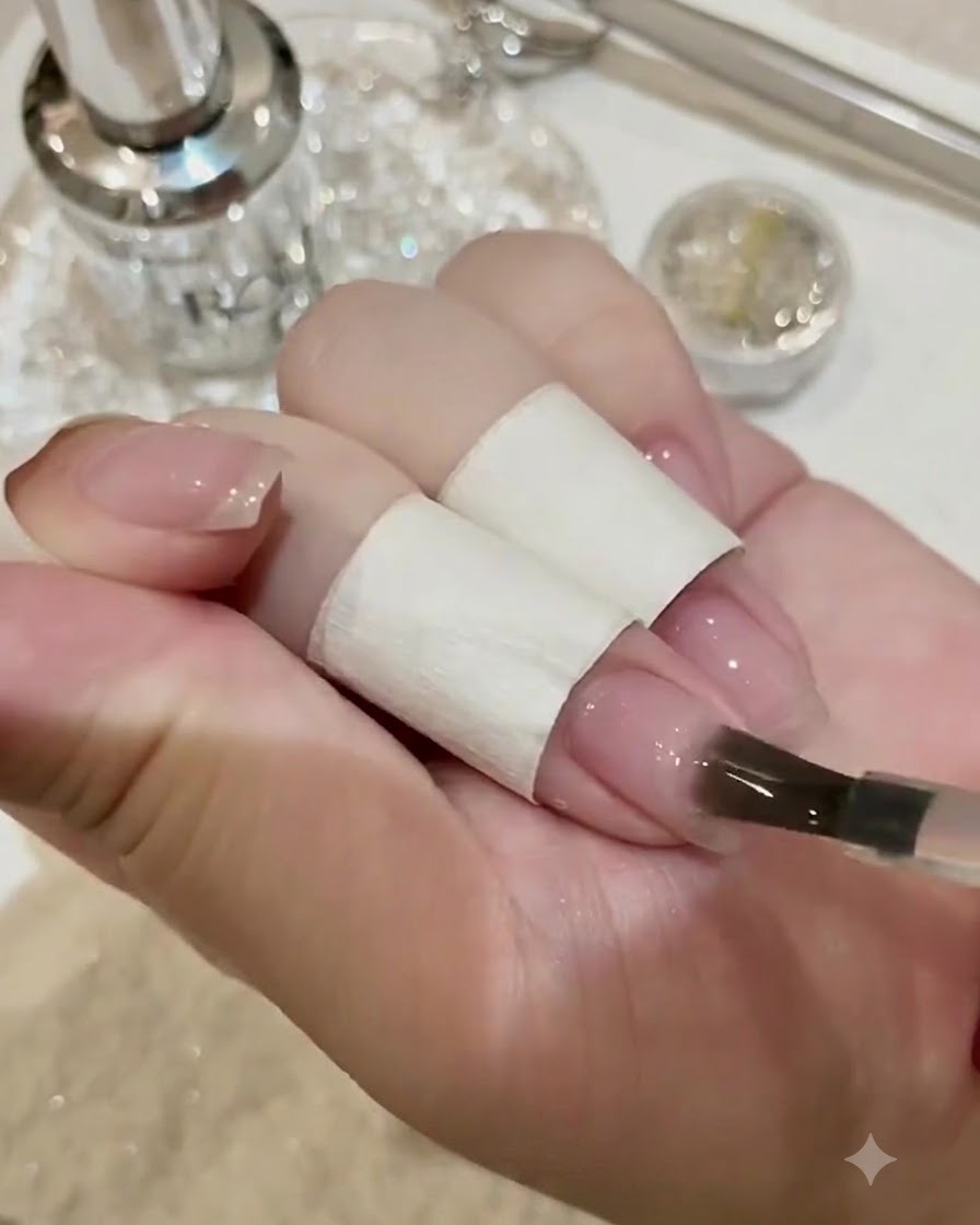 Ein Detailpinsel platziert einen präzisen Tropfen dicken Strassklebers auf die vorbereitete Nageloberfläche.