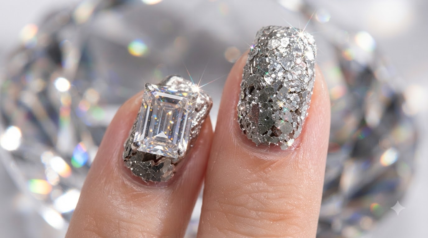 Eine Nahaufnahme von zwei Fingernägeln mit dickem Silberglitter und einem großen, rechteckigen Kristallstein vor einer reflektierenden Oberfläche.