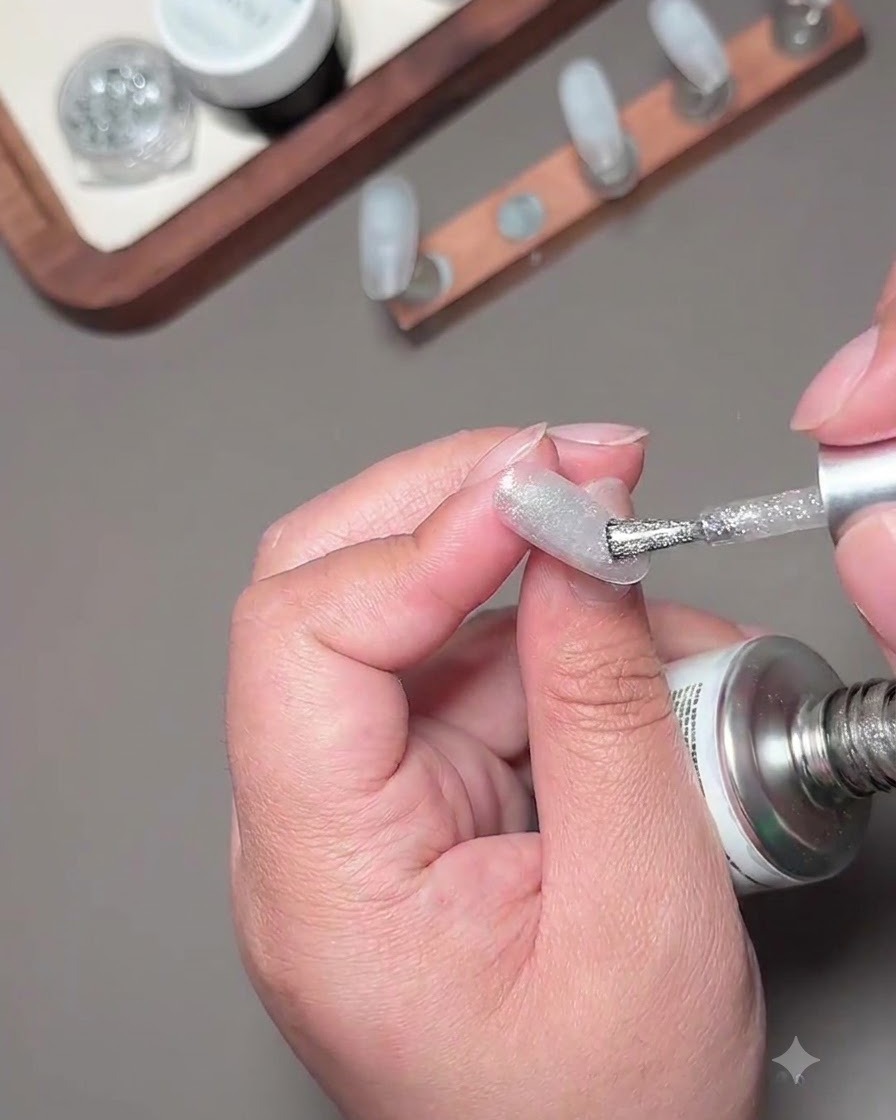 Ein runder Magnet wird nahe an einen mit Cat-Eye-Gel lackierten Nagel gehalten, um den Schimmer zu konzentrieren.