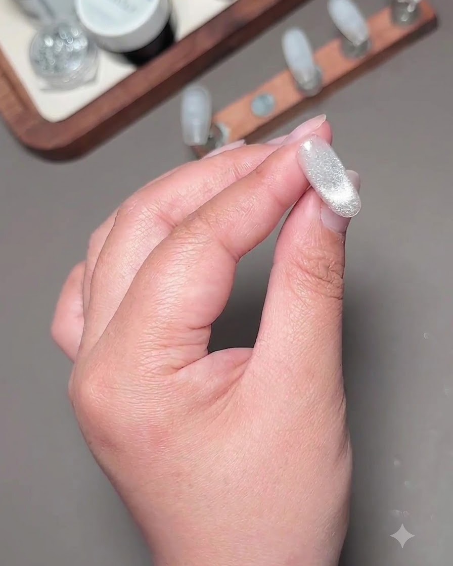 Ein ausgehärteter Cat-Eye-Nagel zeigt eine weiche, matte Textur unter Studiobeleuchtung.
