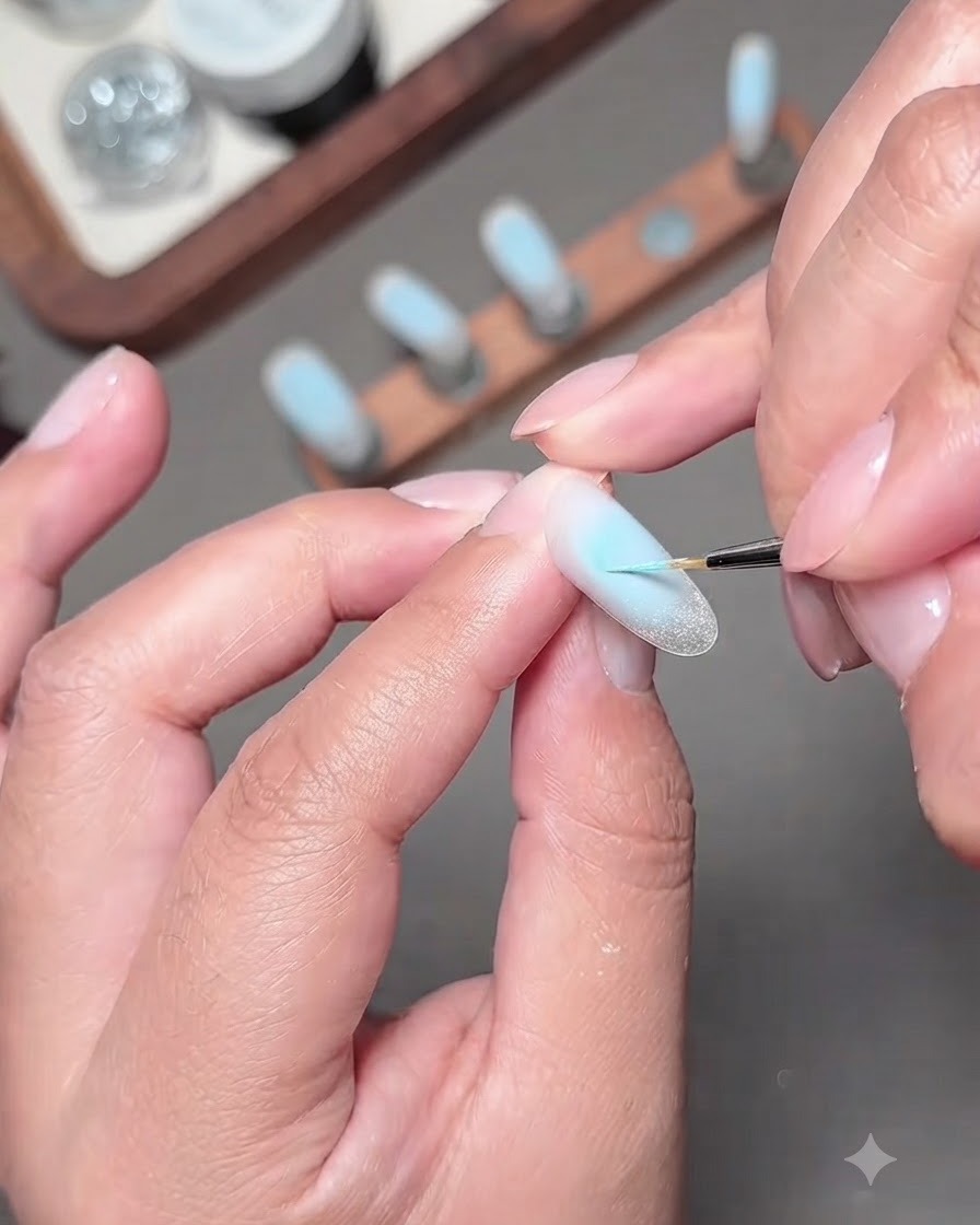 Ein feiner Nagelkunstpinsel malt ein filigranes blaues Schmetterlingsschleifen-Design auf eine Nageloberfläche.