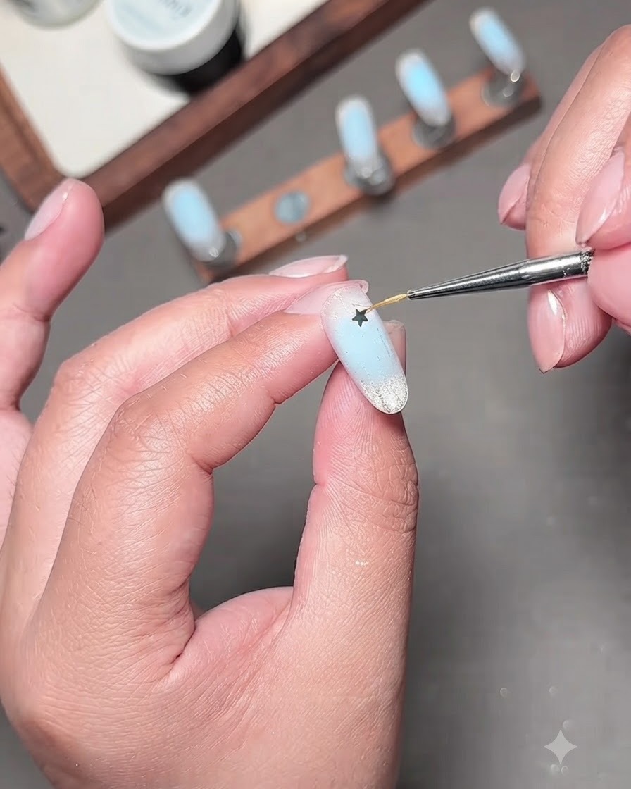Ein feiner Detailpinsel platziert eine kleine silberne Stern-Paillette auf dem fertigen blauen Nageldesign.