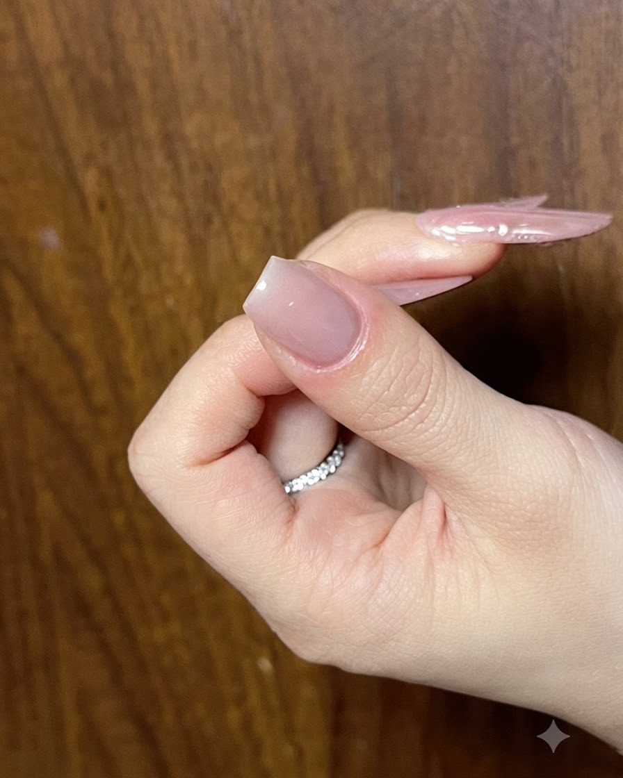 Nahaufnahme einer Hand mit einem sauber gefeilten Nagel, auf den ein glänzender Nude-Gel-Base-Coat aufgetragen wurde.