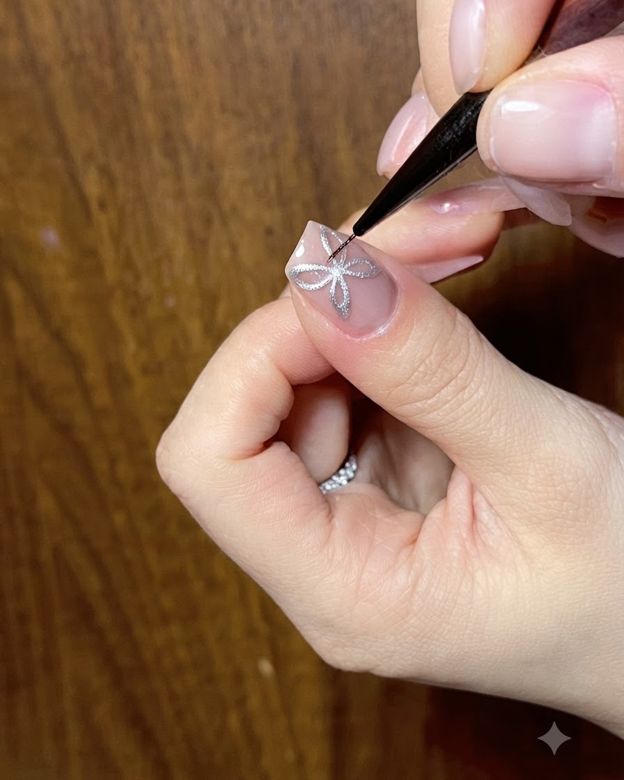 Ein Nail Artist verwendet einen feinen Pinsel, um die filigranen Linien eines silbernen Cat-Eye-Schmetterlingsdesigns auf dem Nagel zu verfeinern.
