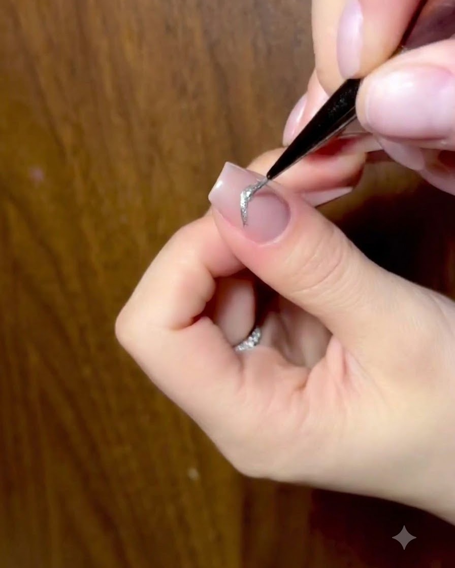 Detaillierte Nahaufnahme einer Nageldesignerin, die mit einem feinen Pinsel funkelnden Glitter auf ein silbernes Cat-Eye-Schmetterlingsschleifen-Design aufträgt.
