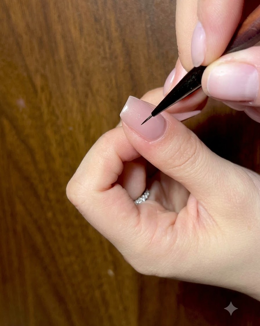 Nahaufnahme eines Pinsels, der einen glänzenden Top Coat über das fertige Schmetterlings-Nail-Art-Design aufträgt.