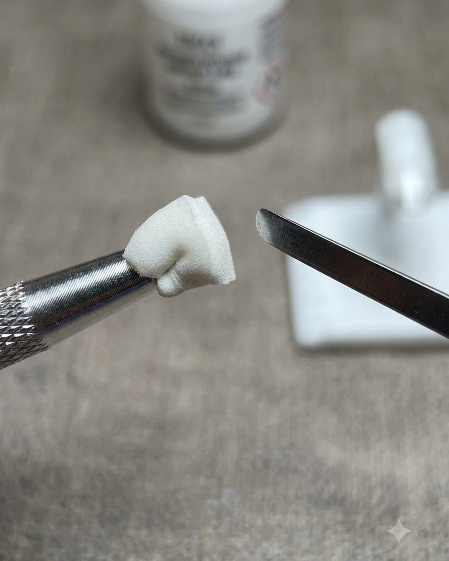 Ein Schwamm-Tool mit einer hellrosa Farbe in der Nähe einer klaren Nagelspitze auf einem Arbeitstisch.