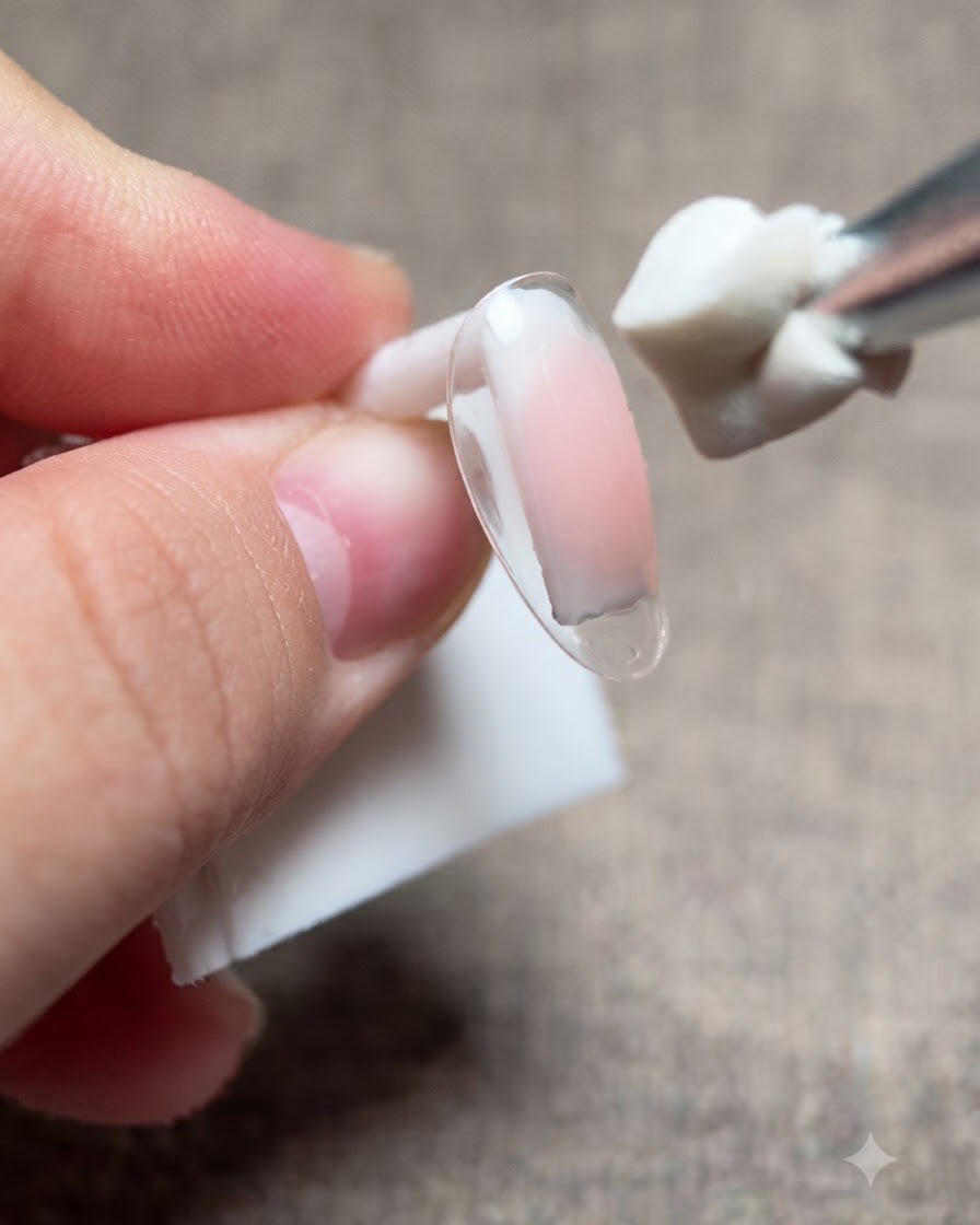 Ein Pinsel trägt klares Base-Gel über die rosa Farbverlaufsschicht auf eine klare Nagelspitze auf.