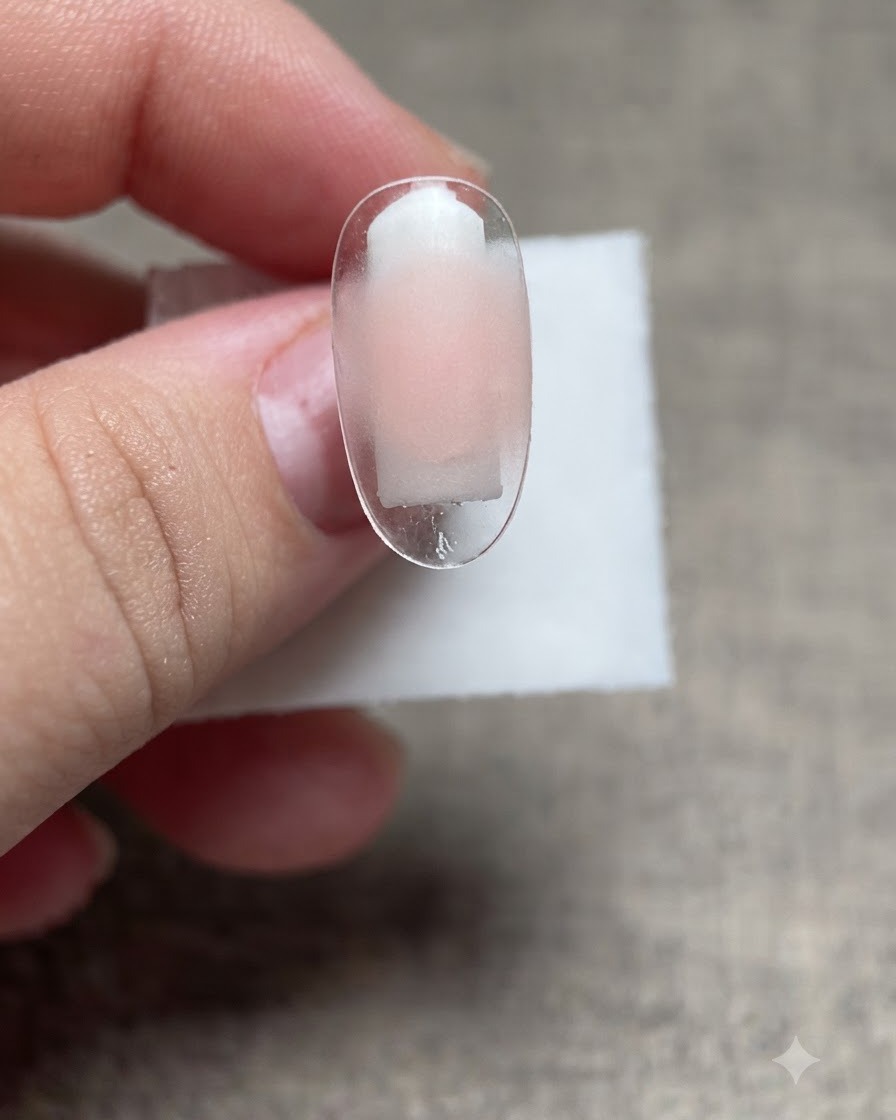 Eine klare Nagelspitze zeigt eine dezente Schimmer- und hellfarbige Gel-Polish-Schicht auf der Oberfläche.