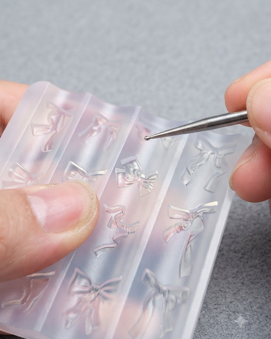 Eine Pinzette hebt ein klares 3D-Schleifenelement aus einer Silikon-Nail-Art-Form heraus.