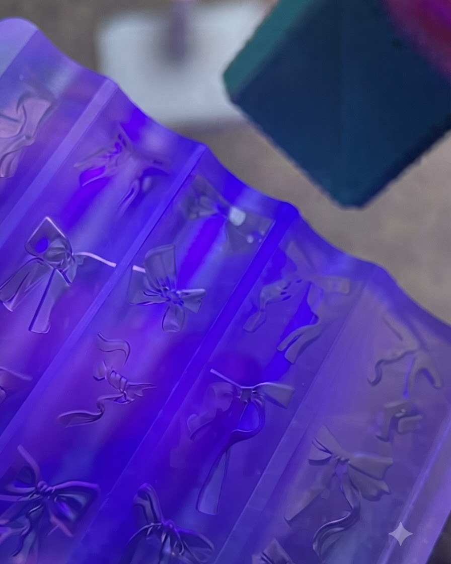 Eine lila Silikon-Nagelform mit klaren Gel-Schleifen unter einer hellen UV-Lampe.