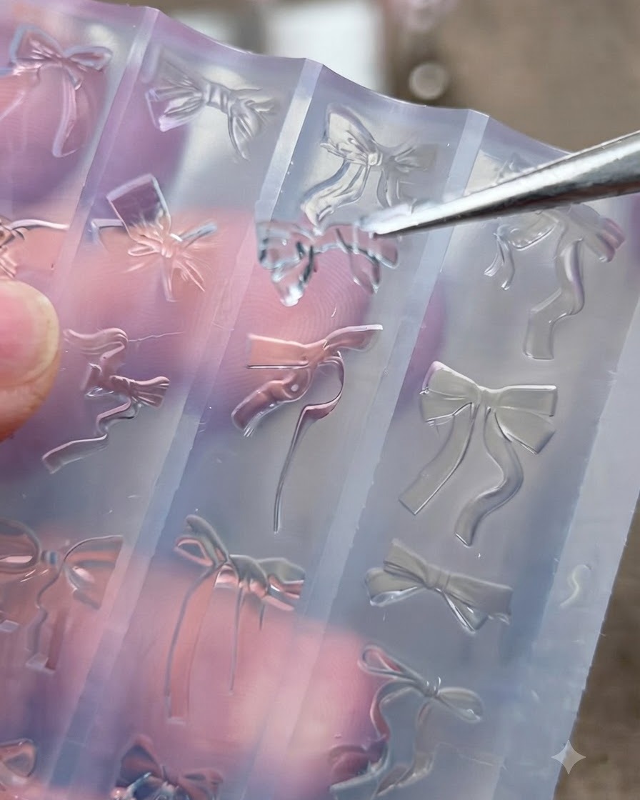 Eine Metallpinzette hebt vorsichtig eine klare, ausgehärtete 3D-Schleife aus einer Silikon-Nail-Art-Form.