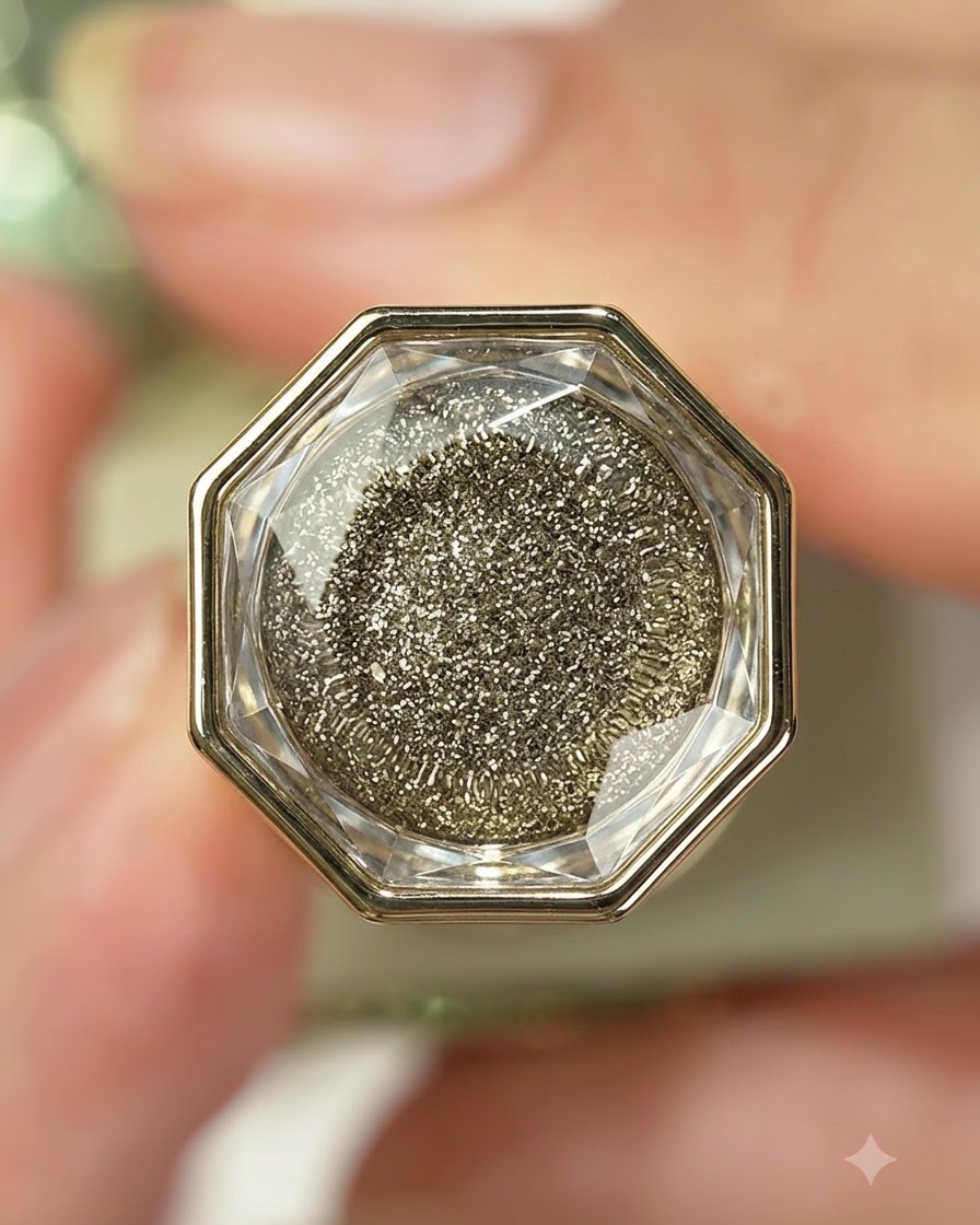 Nahaufnahme einer luxuriösen Gel-Nagellackflasche mit facettiertem Deckel und schimmerndem Goldglitter-Inhalt.