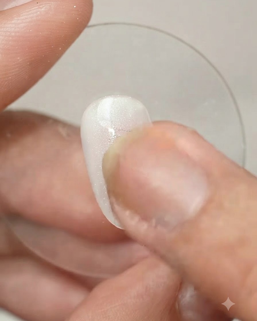 Ein Finger reibt mit einem Schwammapplikator Baibaoxian Magic Powder M01 auf die glänzende Nageloberfläche.