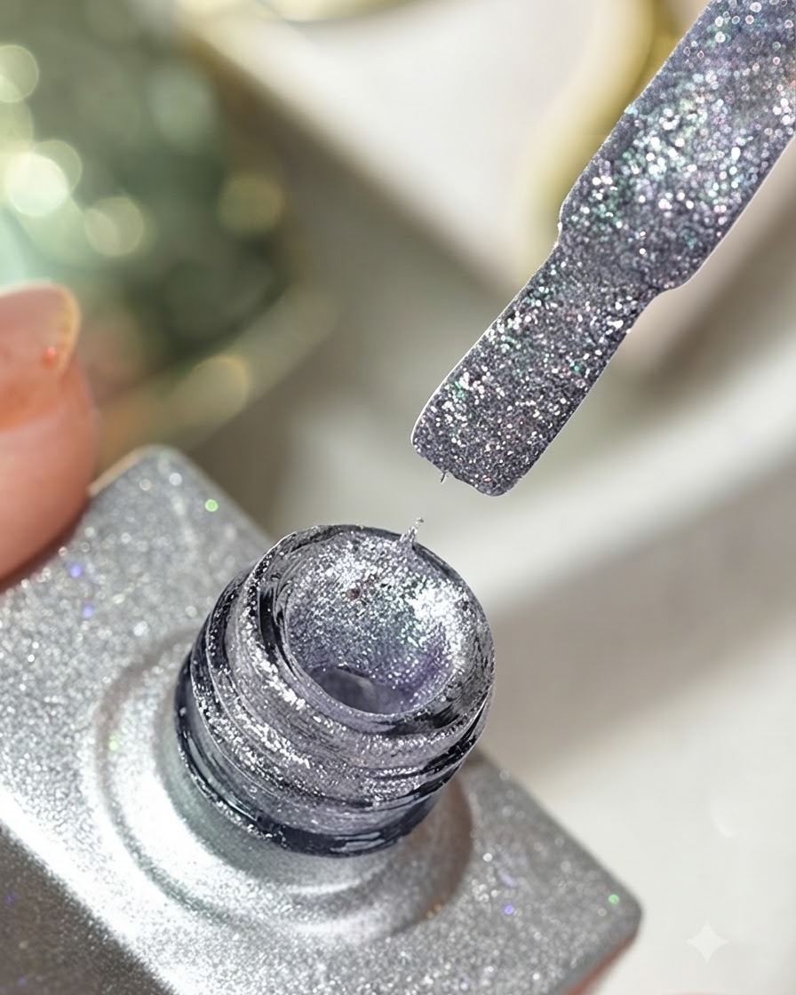 Ein feiner Nail-Art-Pinsel nimmt silbernes Crushed-Diamond-Gel aus einer Flaschenöffnung auf, bereit für die detailreiche Anwendung.