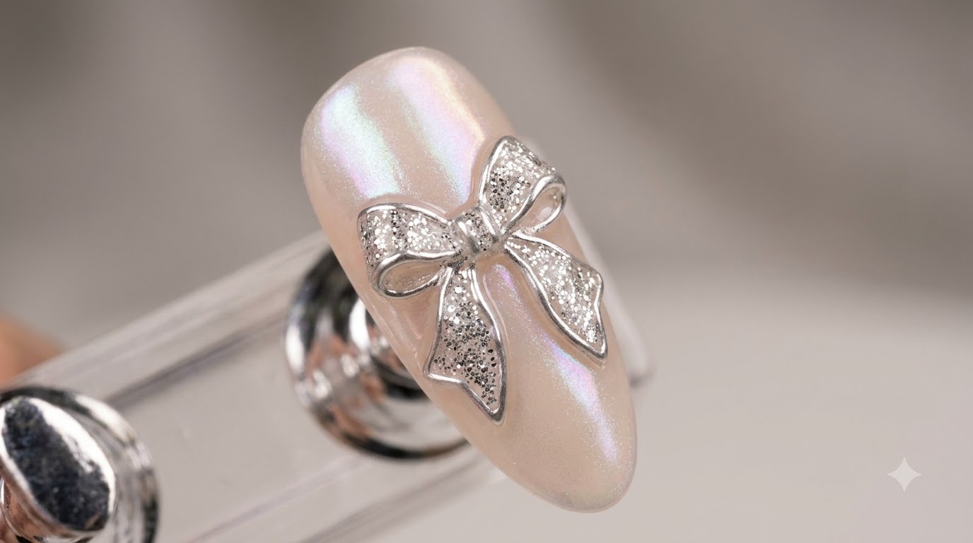 Silver Glitter Bow Nude Chrome Nageldesign — Schritt-für-Schritt-Anleitung