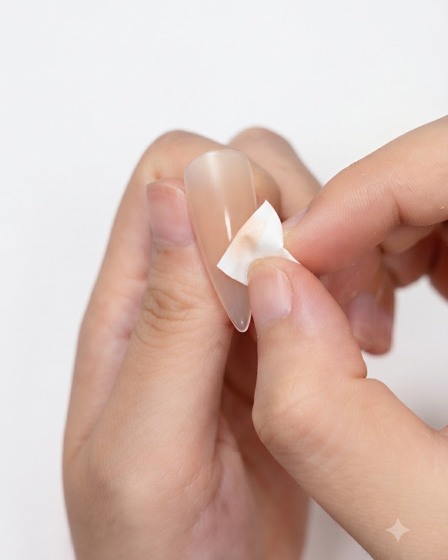 Eine Hand, die einen nudefarbenen Kleber im Nagelhautbereich eines künstlichen Nageltons aufträgt oder abwischt.