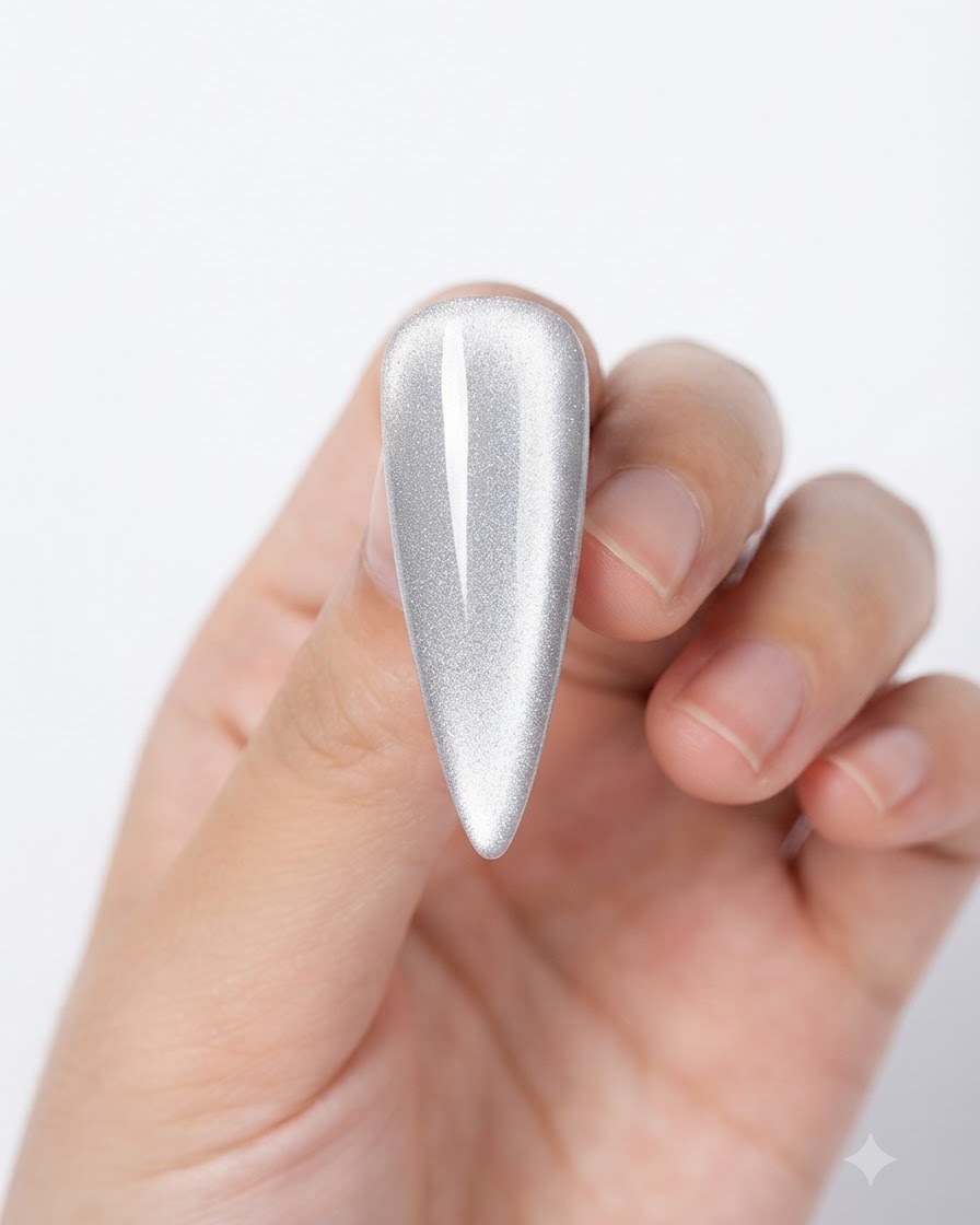 Nahaufnahme eines Nagels mit silbernem Cat-Eye-Lack, die ein breites Highlight zeigt, das mit einem Magneten erzeugt wurde.
