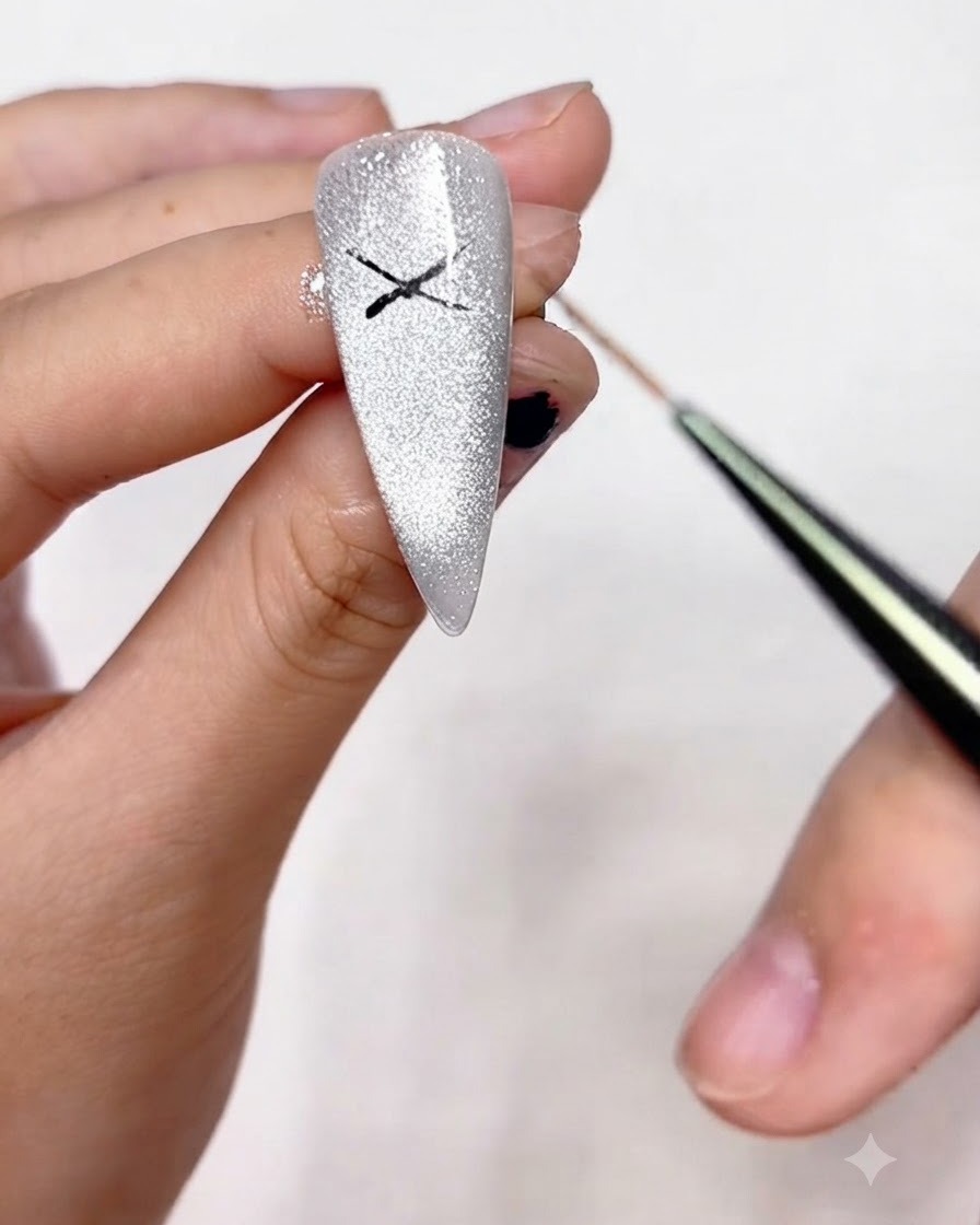 Ein feiner Liner-Pinsel verbindet die Spitzen der zuvor gezeichneten X-Form, um die Schlaupenumrisse einer Schleife auf einem schimmernden Nagel zu erzeugen.