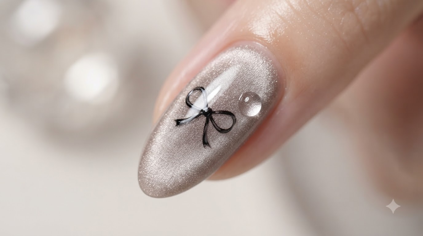 Nahaufnahme einer einzelnen Nagelspitze mit silbernem Cat-Eye-Finish, verziert mit einer zarten, handgemalten schwarzen Schleife und einem kleinen 3D-Wassertropfen-Akzent.