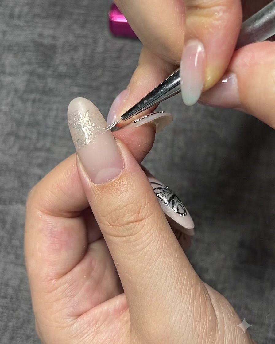 Ein feiner Linienpinsel arbeitet an detaillierten Linien über dem pulverbeschichteten Schmetterlingsdesign.