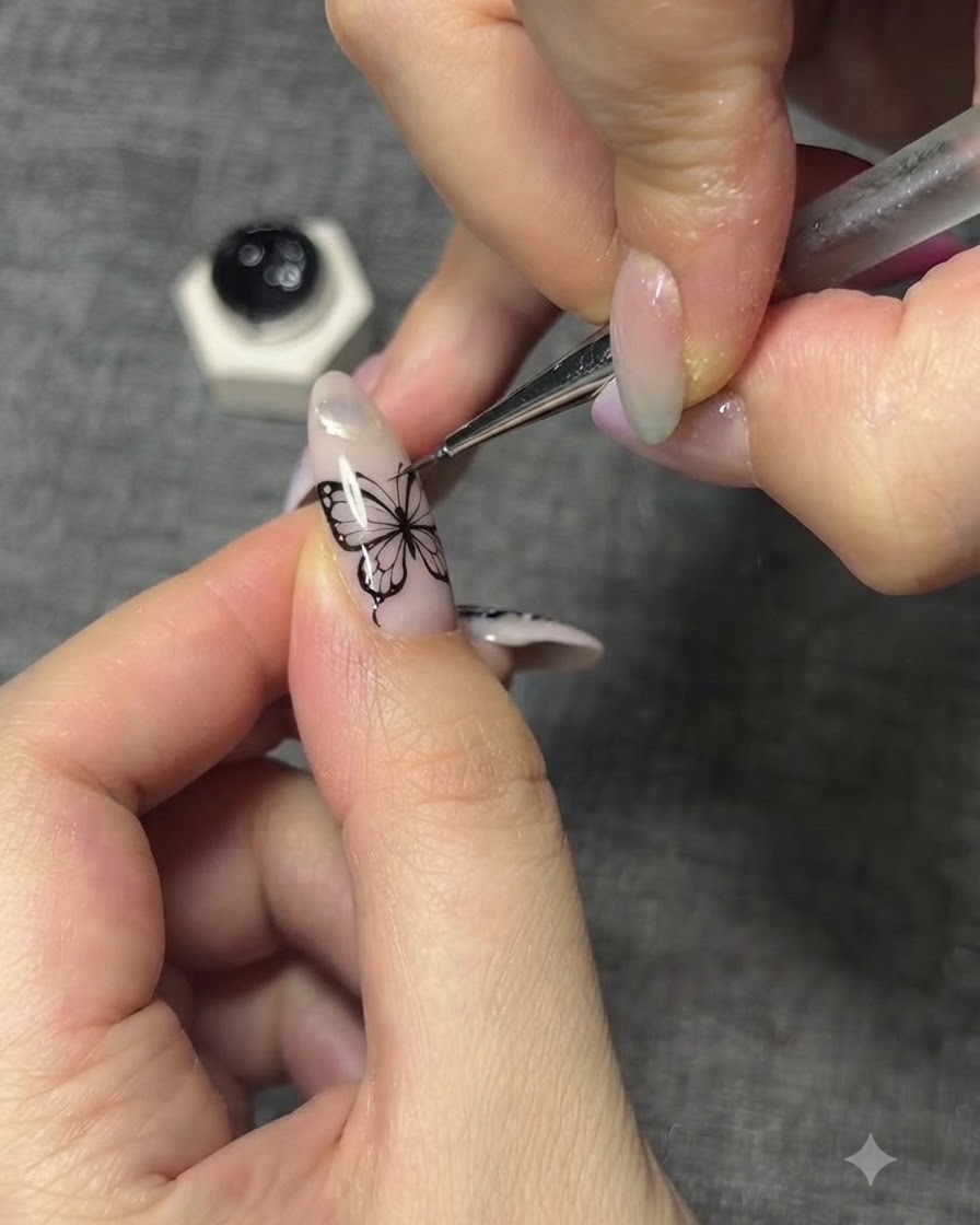Eine Nahaufnahme einer Nageldesignerin, die die schwarz umrandeten Konturen eines Schmetterlingsflügels verfeinert.