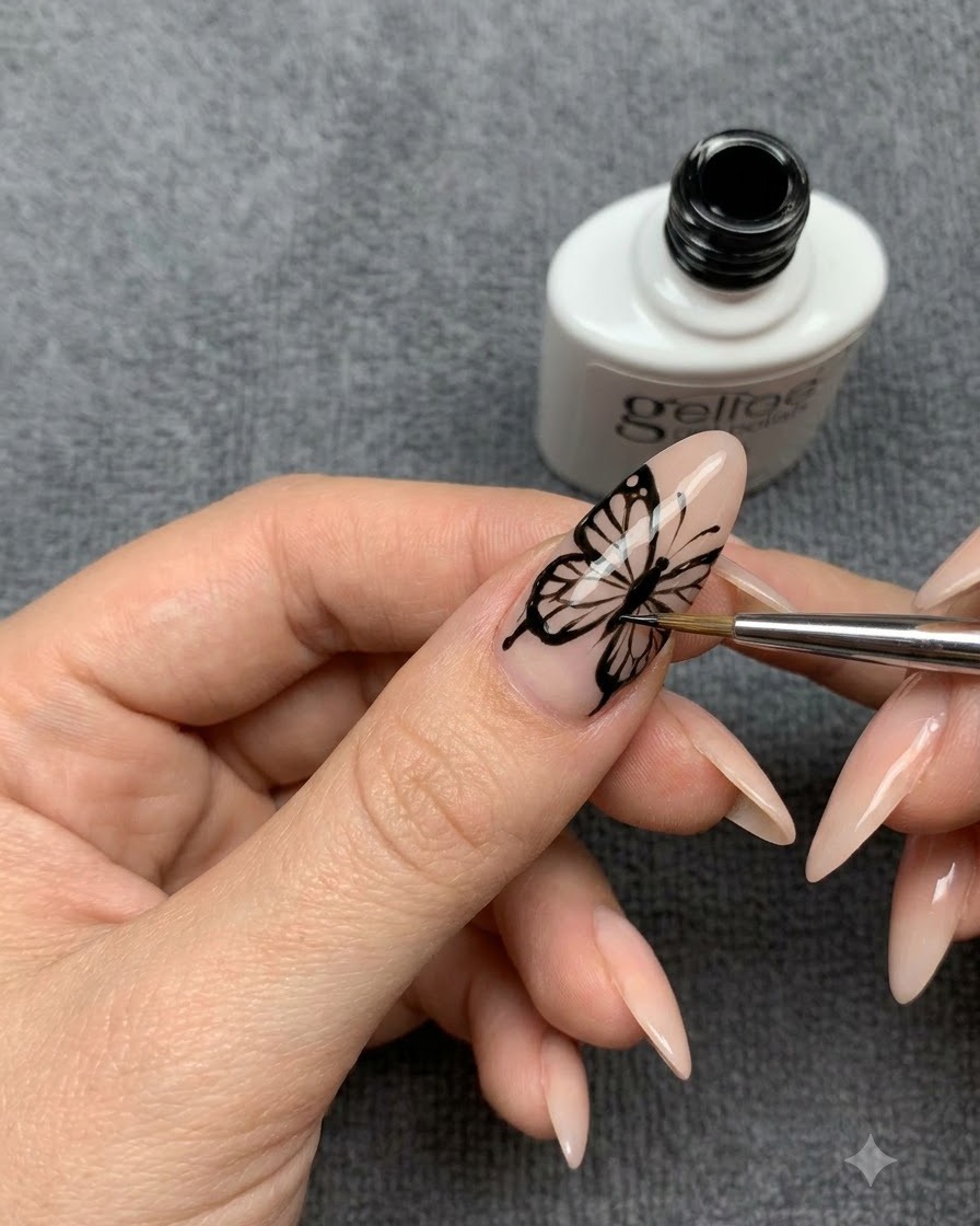 Eine Nageldesignerin malt feine innere Aderlinien in eine schwarze Schmetterlingsflügelkontur.