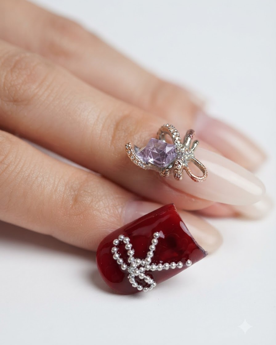 Eine Nahaufnahme eines roten Nagels mit einem teilweise geformten Stahlperlen-Schleifendesign, das auf Symmetrie überprüft wird.