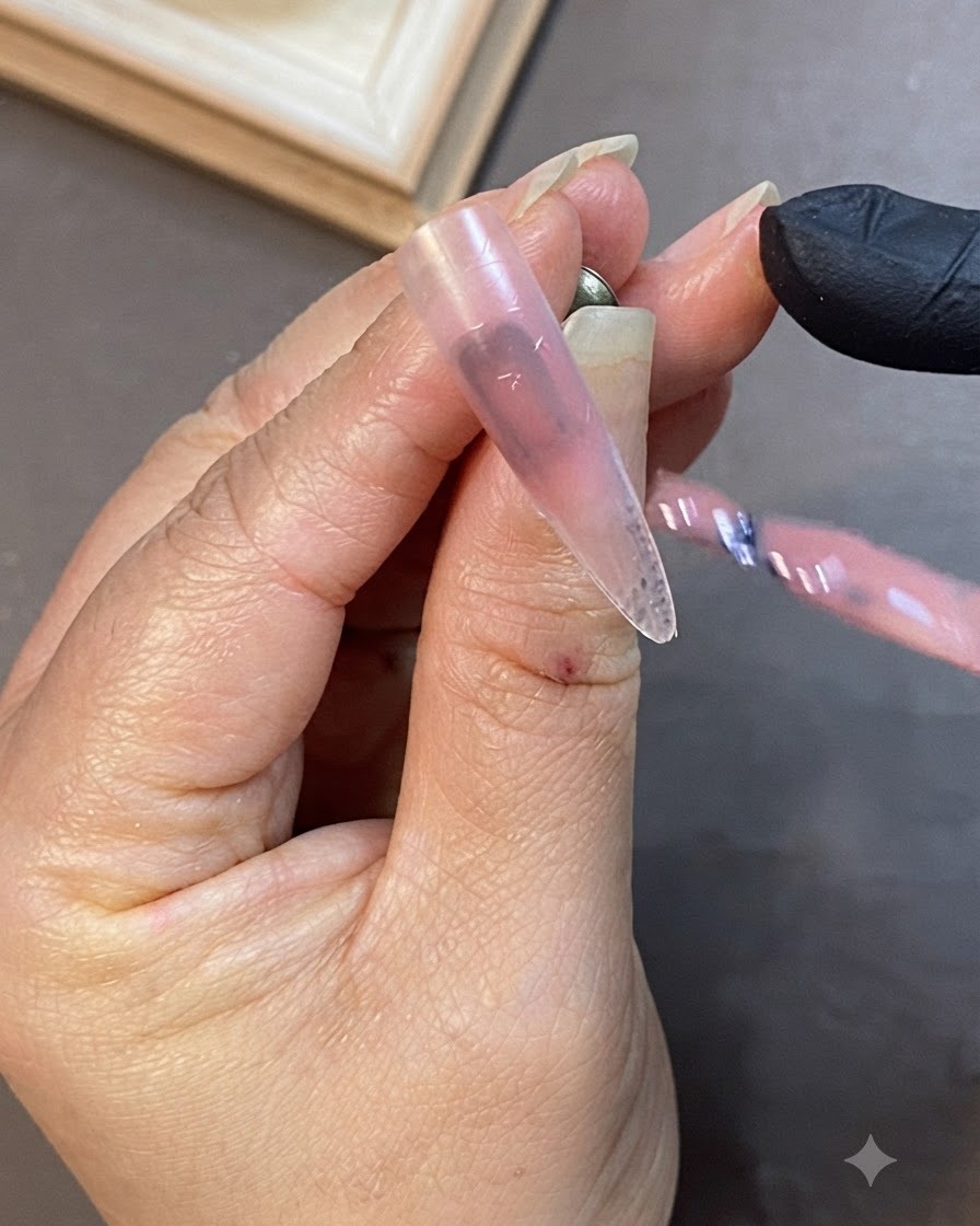 Eine Hand mit einem Gelpinsel, die eine zweite Schicht Nude-Basisfarbe auf einen verlängerten Nagel aufträgt.