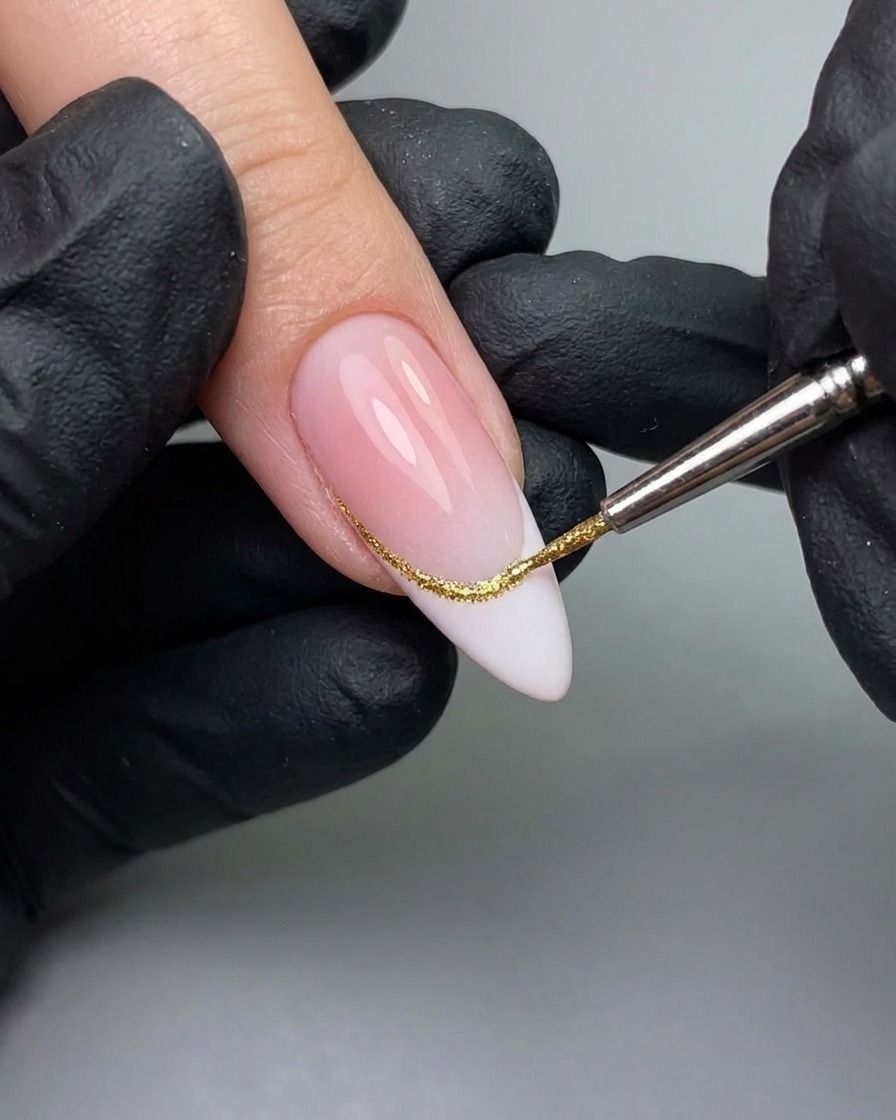 Ein feiner Detailpinsel, der funkelndes Flash-Gel entlang der Smile-Line einer French-Maniküre aufträgt.