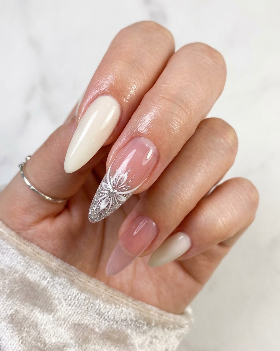 Nahaufnahme einer fertigen Nagelkunst mit weißen French Tips, silbernen Glitzersternen und goldenen Diamantsteinen.