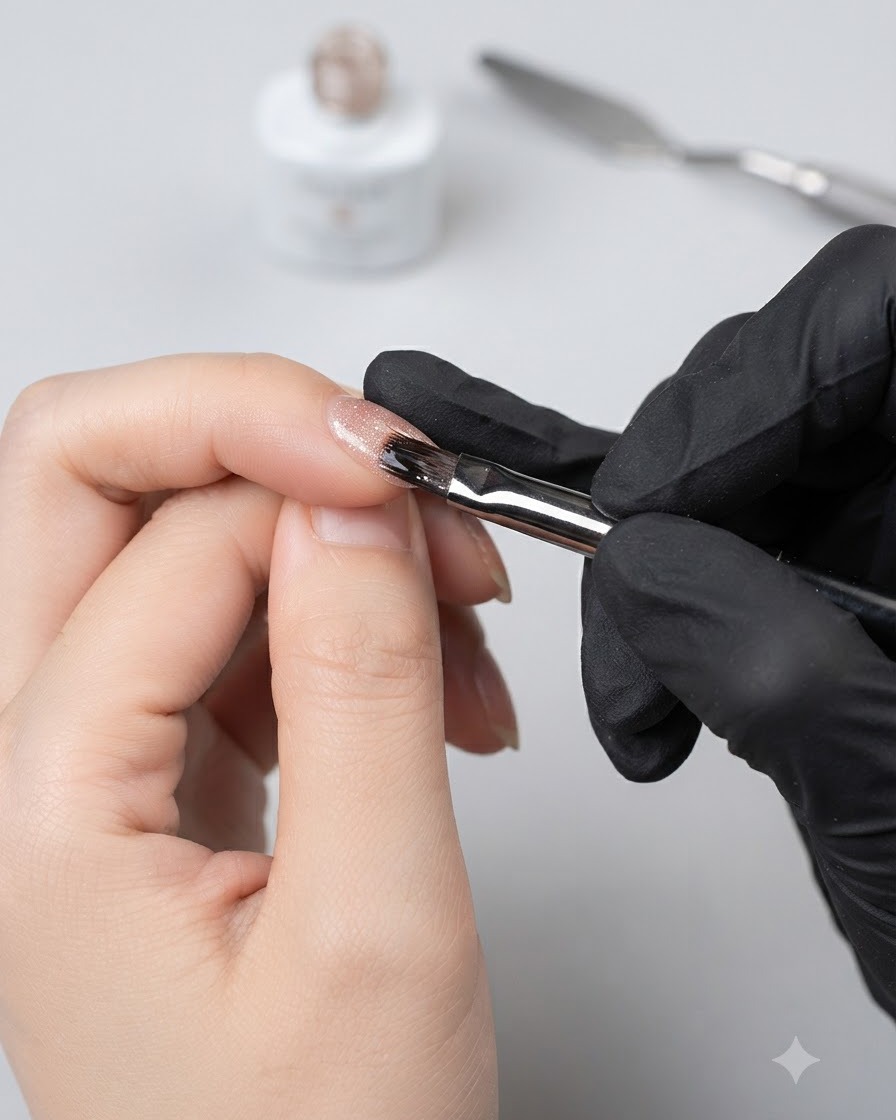 Ein Nagelpinsel, der schimmernden Cat-Eye-Gellack auf einem Fingernagel verteilt.