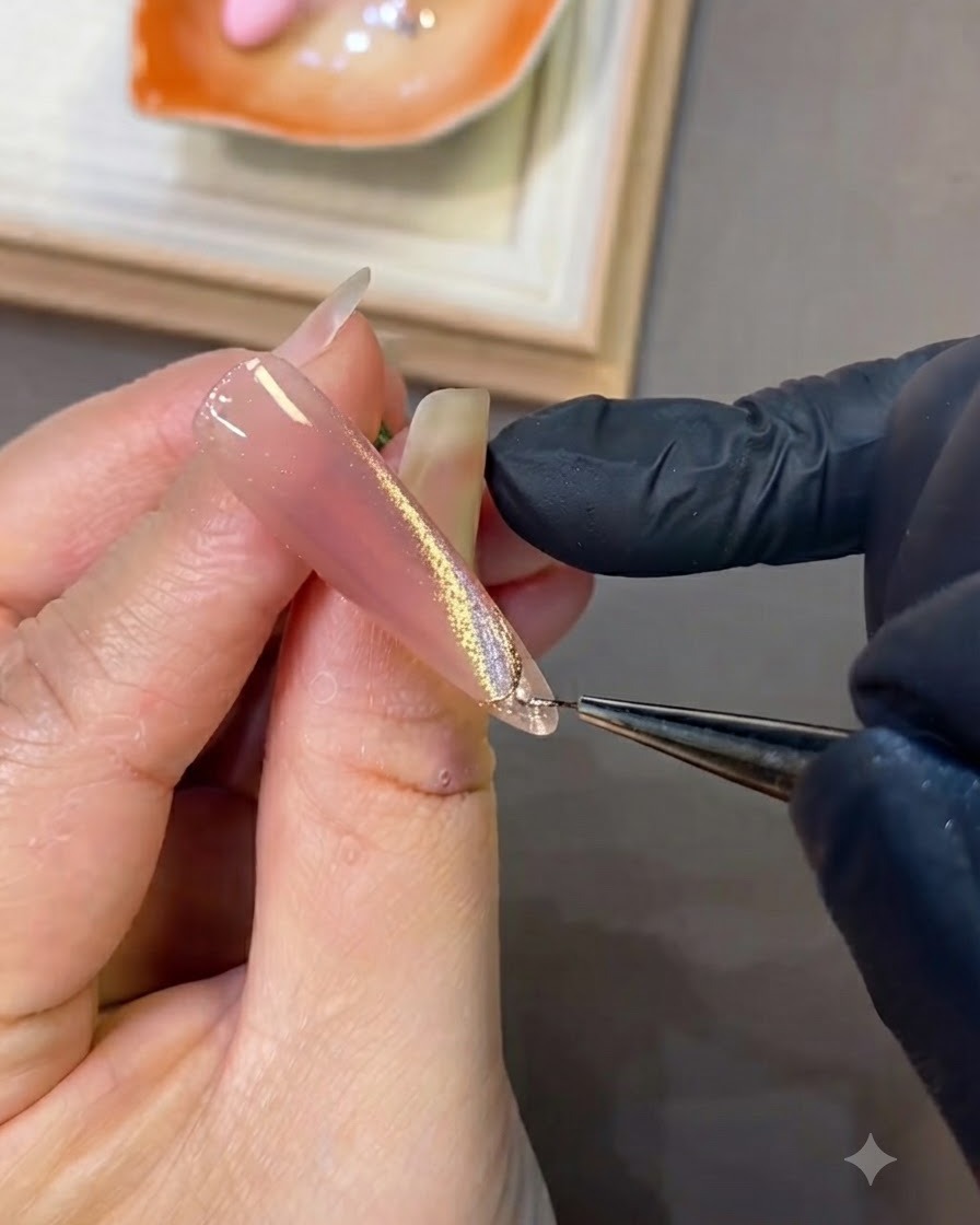 Ein feiner Nail-Art-Pinsel zieht eine glitzernde Flash-Gel-Linie an der Seite eines rosa Nagels.