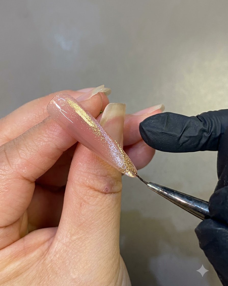 Ein feiner Detailpinsel trägt funkelndes Flash-Gel in den umrandeten seitlichen French Tip auf einem Nude-basierten Nagel auf.