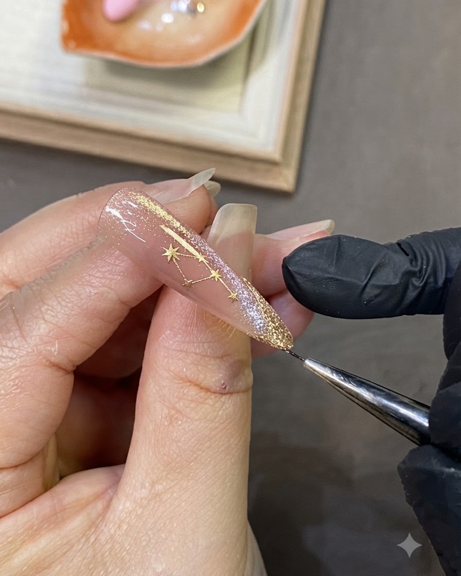 Nahaufnahme eines Nagels mit einem neu gemalten, filigranen goldenen Sternmotiv über dem seitlichen French Tip.